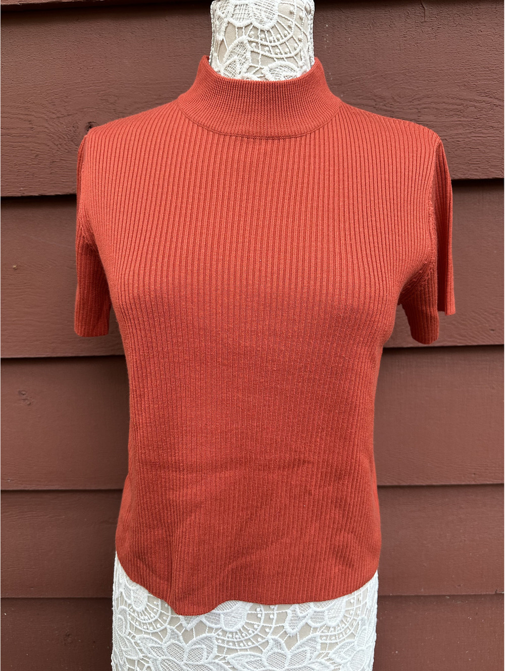 Studio Works Rust Ribbed Knit Mock Neck Top Casual Office Fall